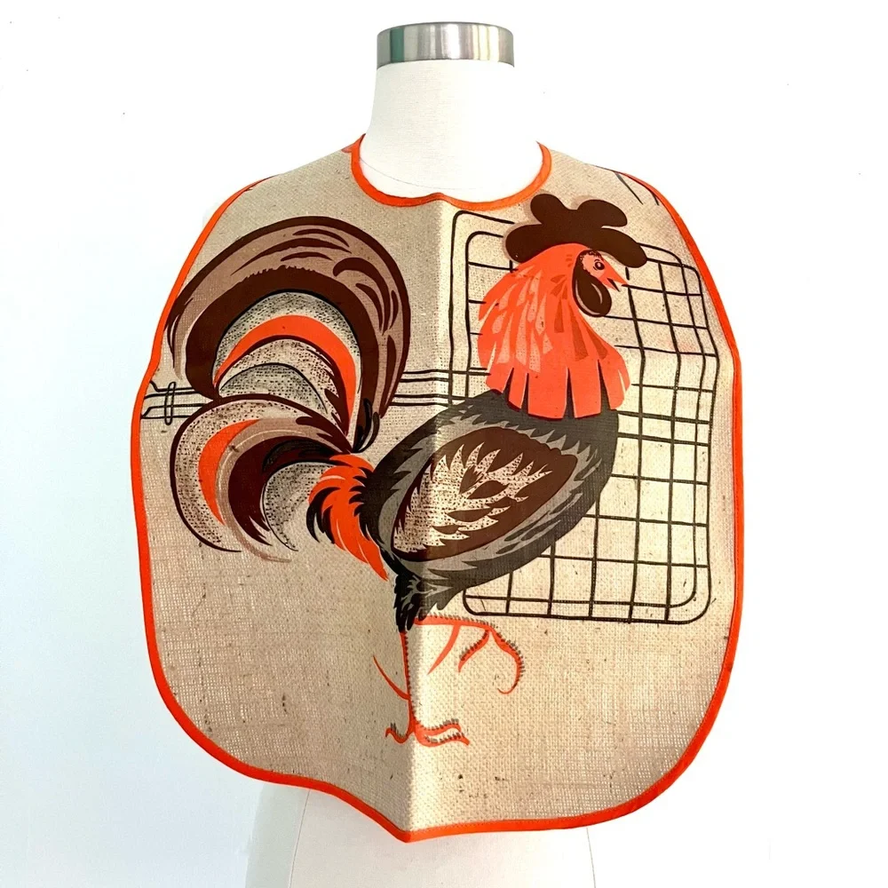 Vintage 50’s rooster burlap coated novelty bib orange & brown